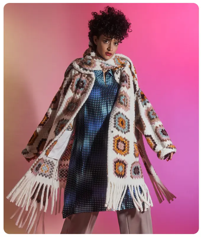 Ana Alcazar Model wears patchwork coat